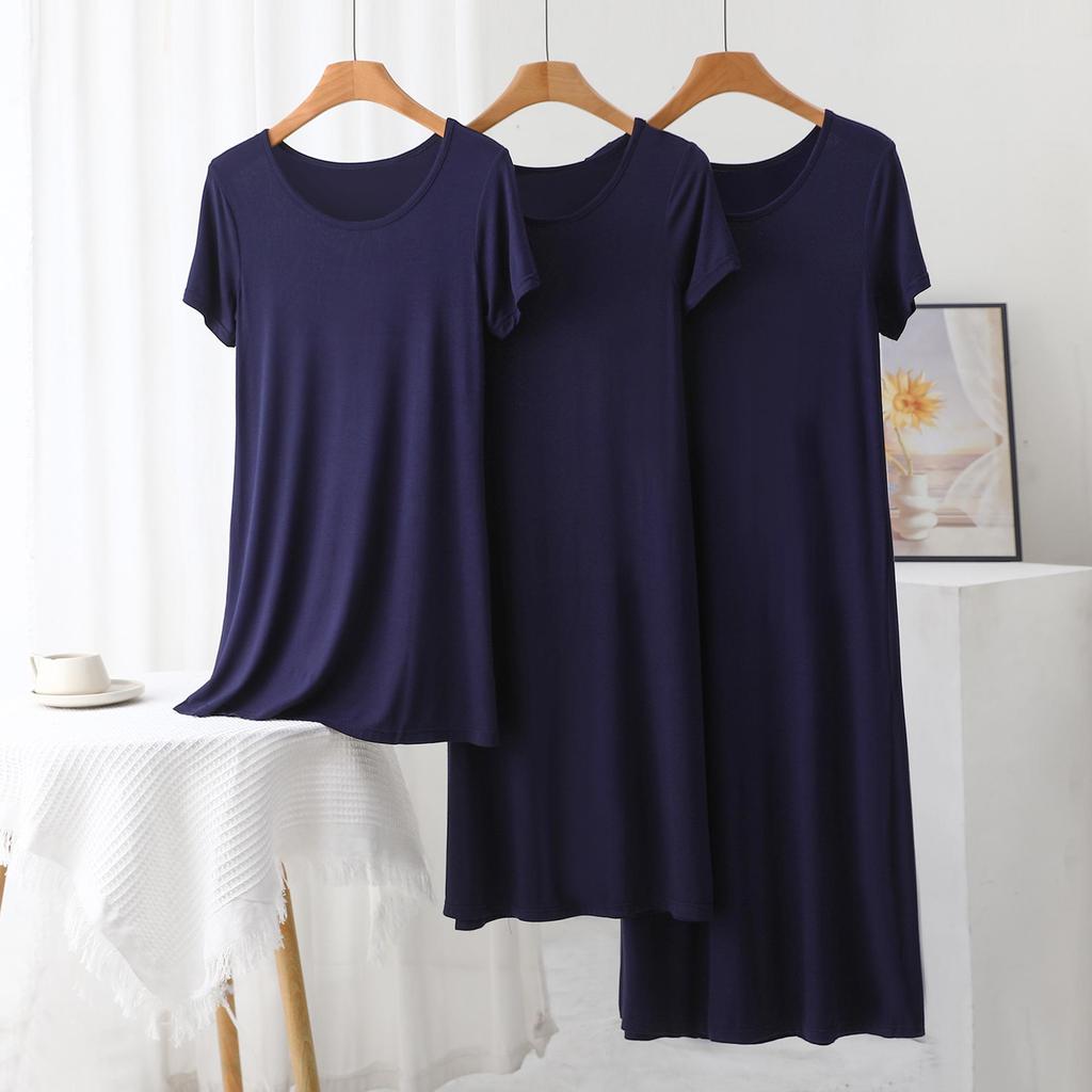 Women's Summer Solid Color Loose Slimming Modal Mid-Length Dress with Round Neck and Short Sleeves