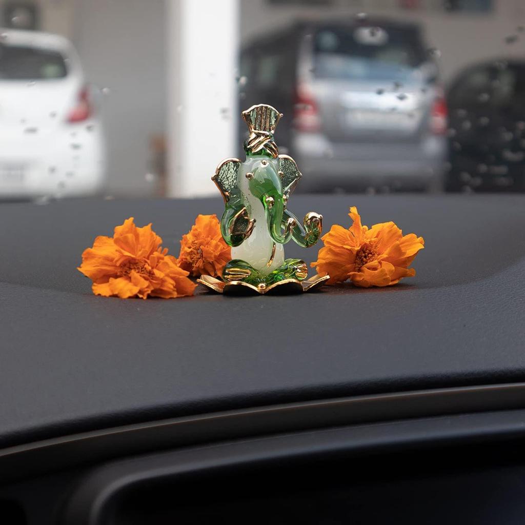 God Ganesh Sitting On Petal Statue (Murti) Idol Showpiece Handmade of Crystal Glass by for Worship, Decoration, Car Dashboard, Gift (Green), Small