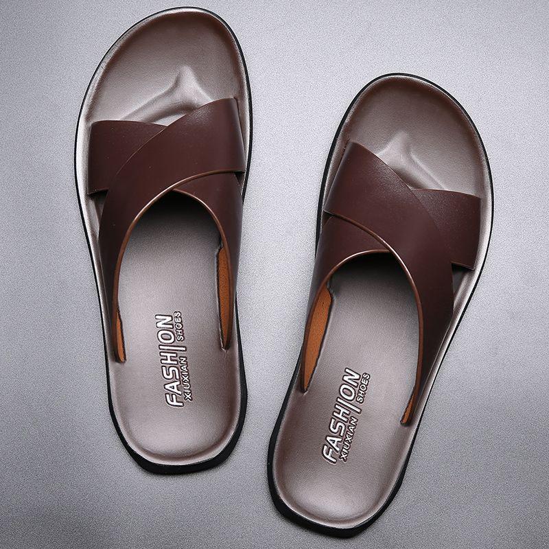 Men's Genuine Leather Korean Style Sandals - Trendy, Non-Slip Beach Flip-Flops