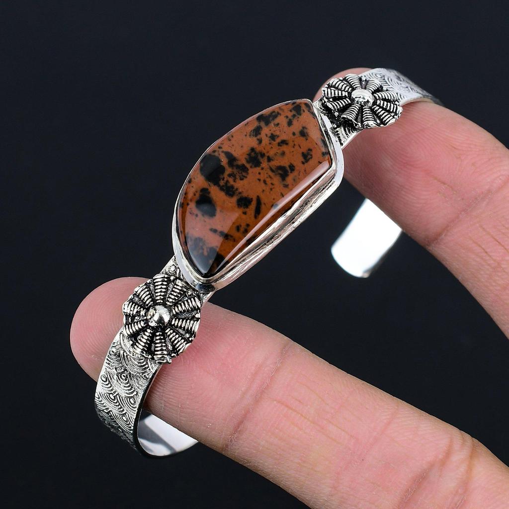 Распродажа ко Дню сестер Натуральный махагоновый обсидиан Стерлинговое серебро Браслет-бенгл для жены