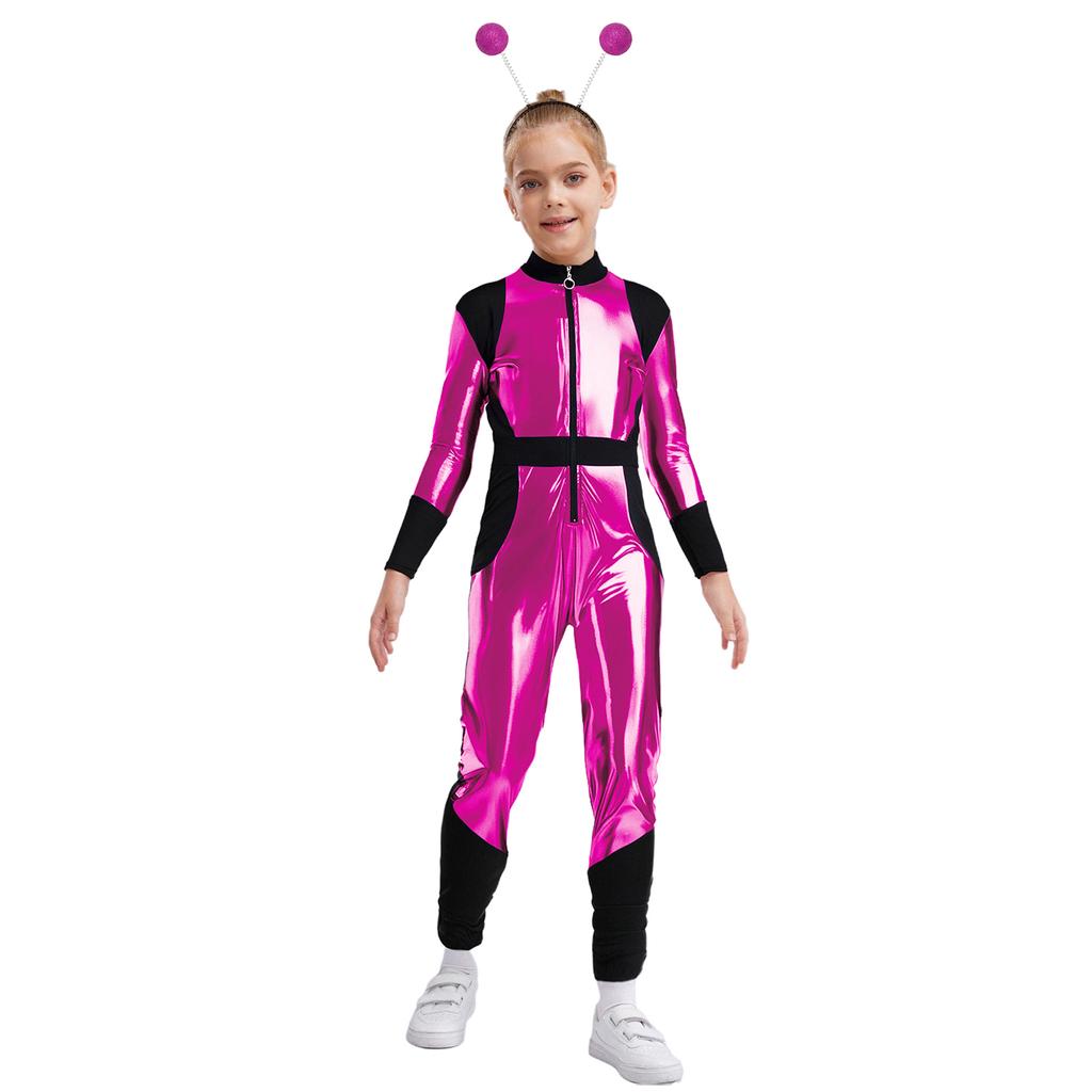 Детский Костюм Косплей Инопланетянин С Длинным Рукавом Высокая Талия Блестящий Металлический Молния Комбинезон Хэллоуин Боди