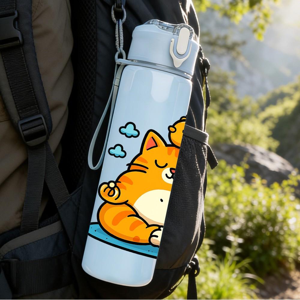 1PC Relaxed Bathing Cat 750ml Color Plastic Sports Water Bottle Leakproof Flip Straw Lid Suitable for Sports Office Home Use