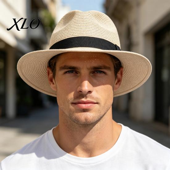 Foldable Summer Sun Men Paper Straw Hat, Breathable Wide Brim UV Protection Beach Hat for Outdoor Vacation Travel
