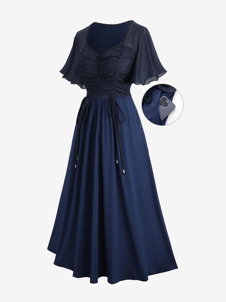 Rosegal Plus Size Glitter Line Insert Cinched Ruched Pockets A Line Midi Dress