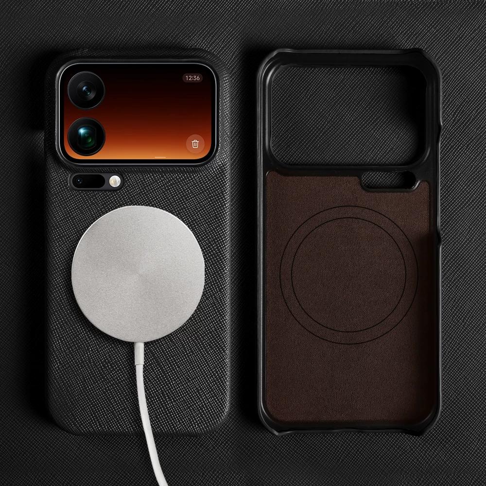 Luxury Cross Grain Genuine Leather Phone Case for Xiaomi 17 Pro Max 17T 15 Ultra 15 Pro 14T Pro Magnetic Shockproof Half Wrap