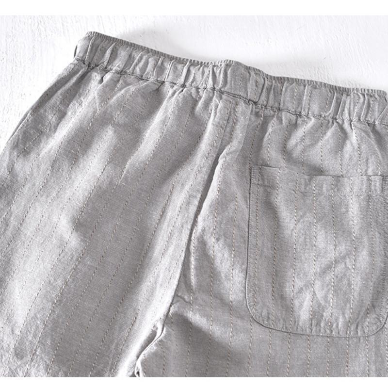 Летние хлопковые льняные мужские брюки, узкие брюки с эластичной талией и завязками на шнурке, повседневные дышащие модные полосатые мужские брюки