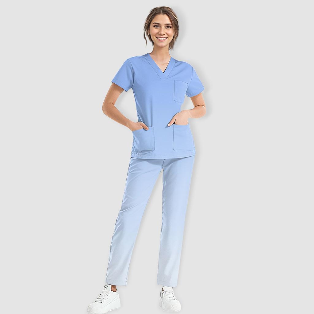 Women's Short Sleeve V Neck Gradation Chest Pocket Work Top Elastic Waist Pants Two Piece Work Set,3 Pockets,Scrubs Tops For Women