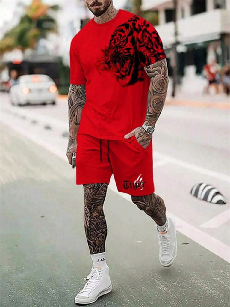 Новый комплект из двух предметов: футболка с круглым вырезом и коротким рукавом, модные шорты с принтом льва 3D, шорты с коротким рукавом, мужской летний спортивный комплект из 2 предметов