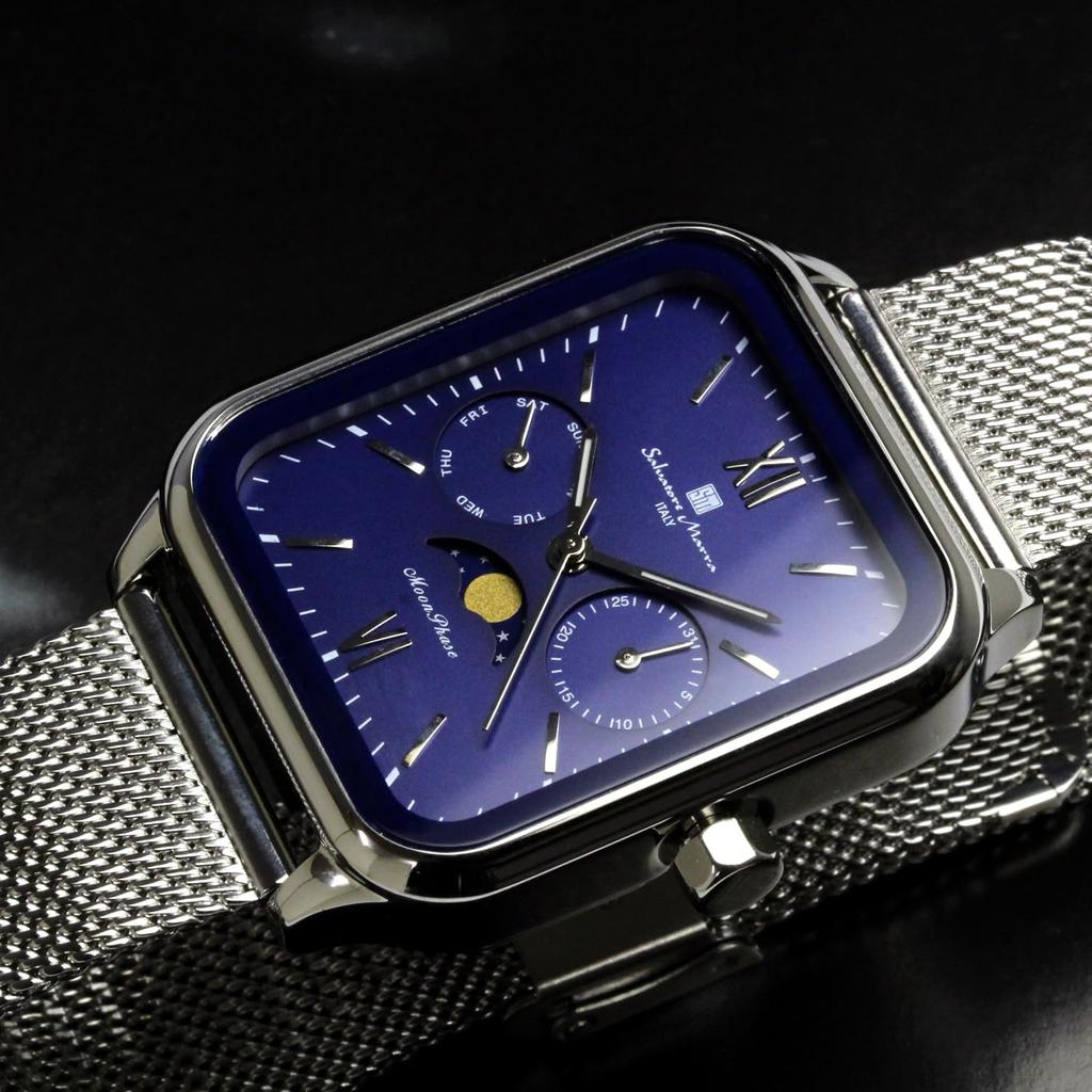 Часы Moon Phase Square Square Multi Calendar Business Formal Stainless Steel Mesh Belt Limited Model Silver Blue [Salvatore Mara] Мужские SM24112-SSBLM