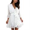 Spring Summer European American Style Hollow Out V-neck Long Sleeve High Waist Elegant Commute White Dress