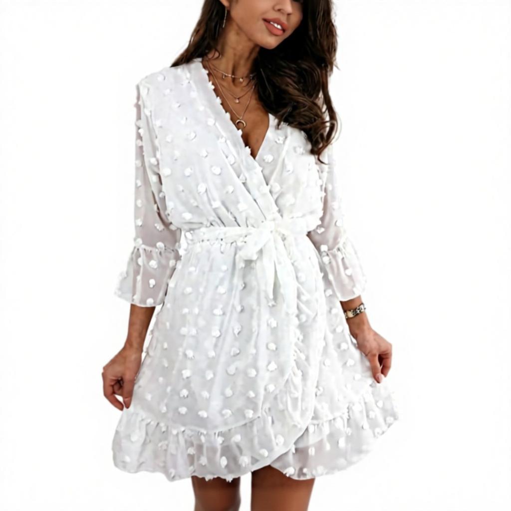 Spring Summer European American Style Hollow Out V-neck Long Sleeve High Waist Elegant Commute White Dress
