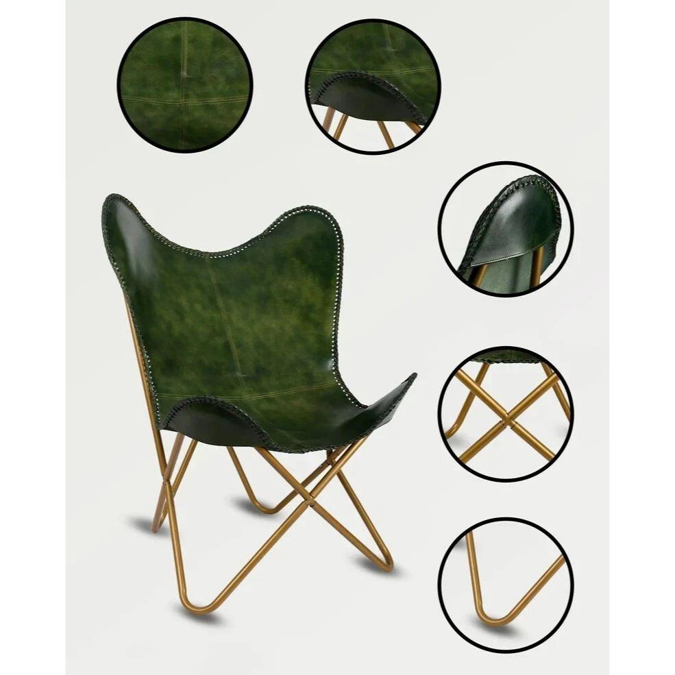 Зеленое кожаное кресло-бабочка Кожаный акцент гостиная Ручная работа Складное