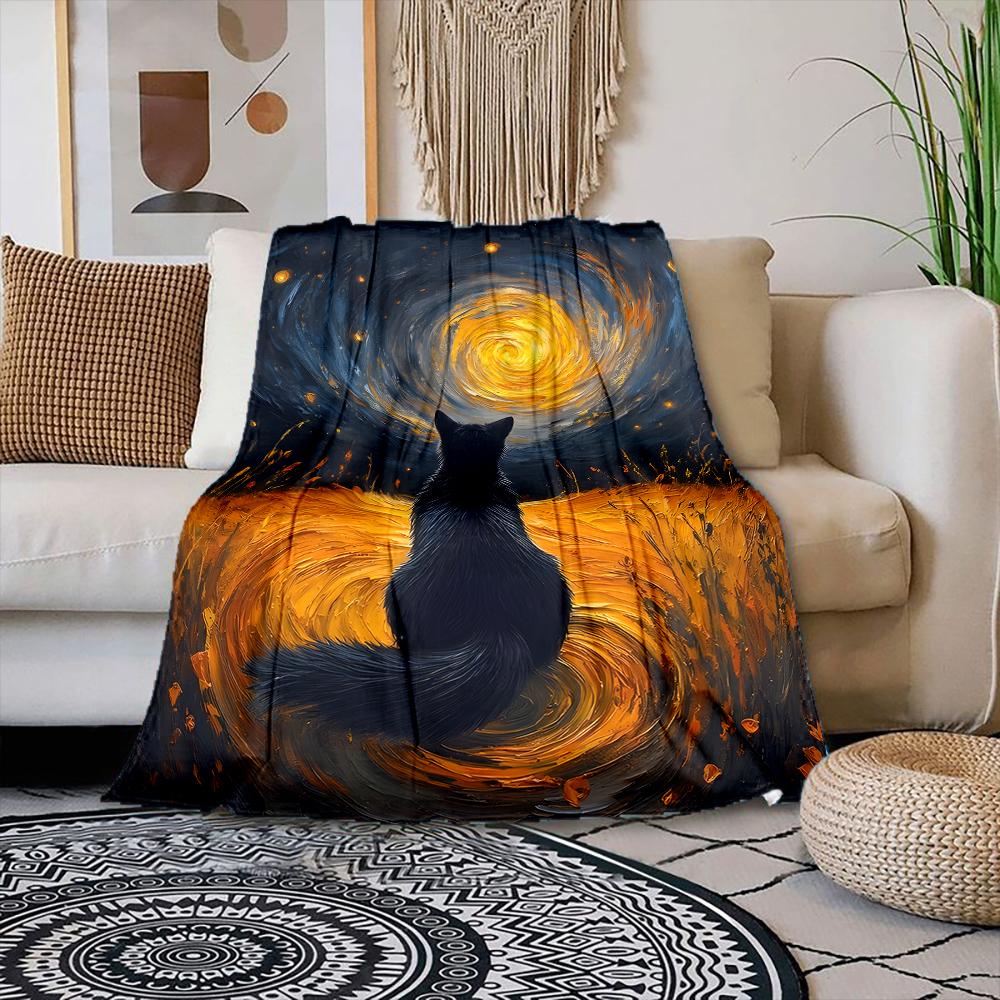 1PC Black cat gazes at vortex Print Adult Children Warm Blankets Home Travel Car Soft and Comfortable Suitable for all seasons