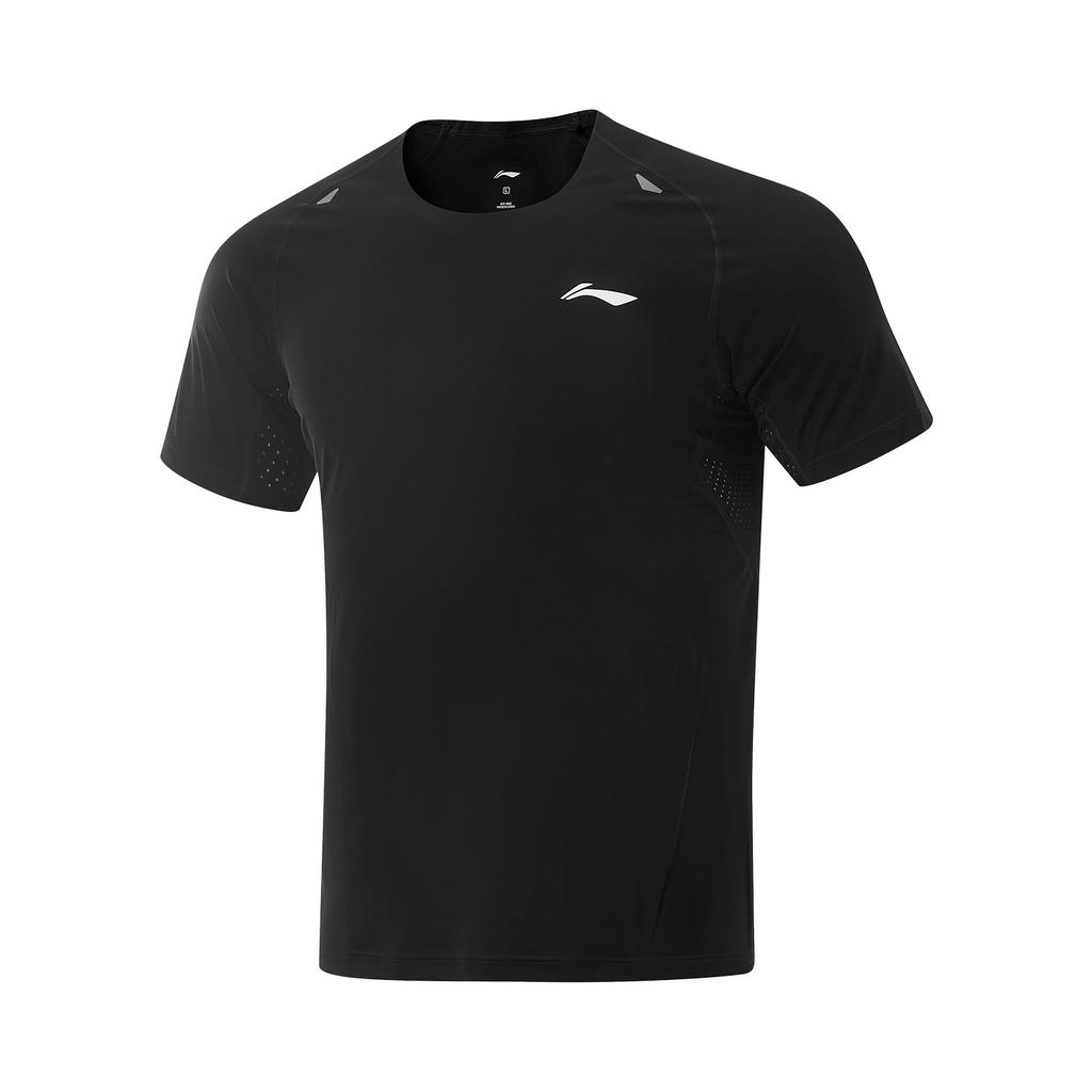 Li Ning Running Series Raglan Logo Round Neck Pullover Slim Fit Quick Dry Breathable Short Sleeve T-Shirt Men T-Shirts Black ATSV005-1