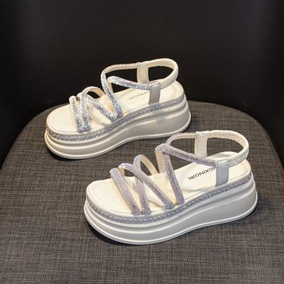 Женские сандалии со стразами, модные, универсальные, на толстой подошве, увеличивающие рост, маленькие повседневные сандалии