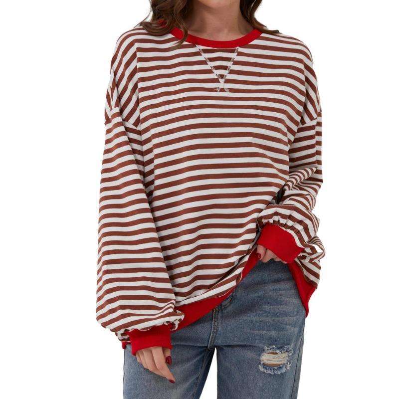 Simple Home Leisure New, Striped Pattern Round Neck Trend Long Sleeve, Pullover Color T-shirt