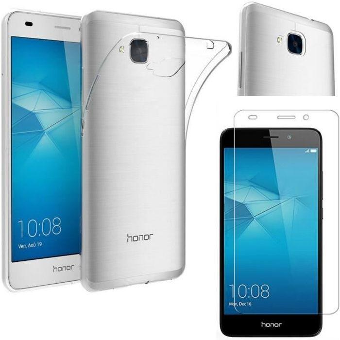 Coque et protection d'écran - PHONILLICO - HUAWEI HONOR 5C - Silicone Transparent - Ultra Slim - Verre Trempé