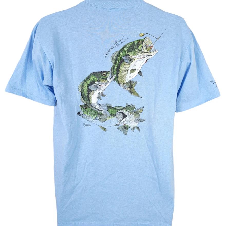 Vintage Spinning Bass 100% Cotton T-shirt Mens Tees Top Mens Size Large Blue 80s Sport Fishing Made In USA