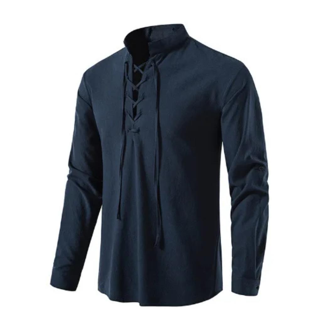 Мужские хлопково-льняные рубашки с длинным рукавом на шнуровке, однотонные, летние, мужские, однотонные, свободного кроя, пуловер, блузки, топы ARJ-A1776