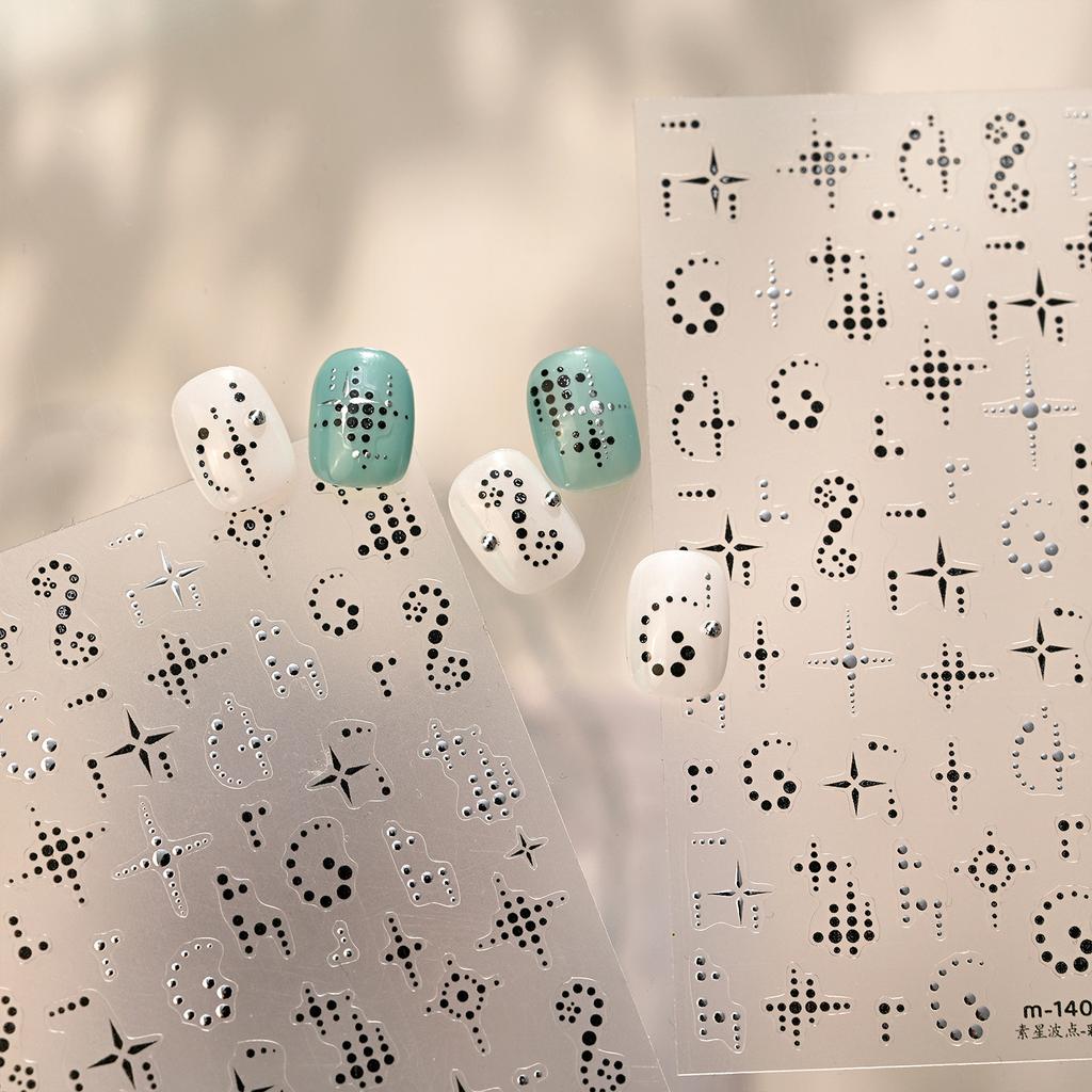 Black Silver Polka Dots Stars 3D Self Adhesive Nail Art Decorations Stickers Stylish Round Dots Totems Manicure Decals