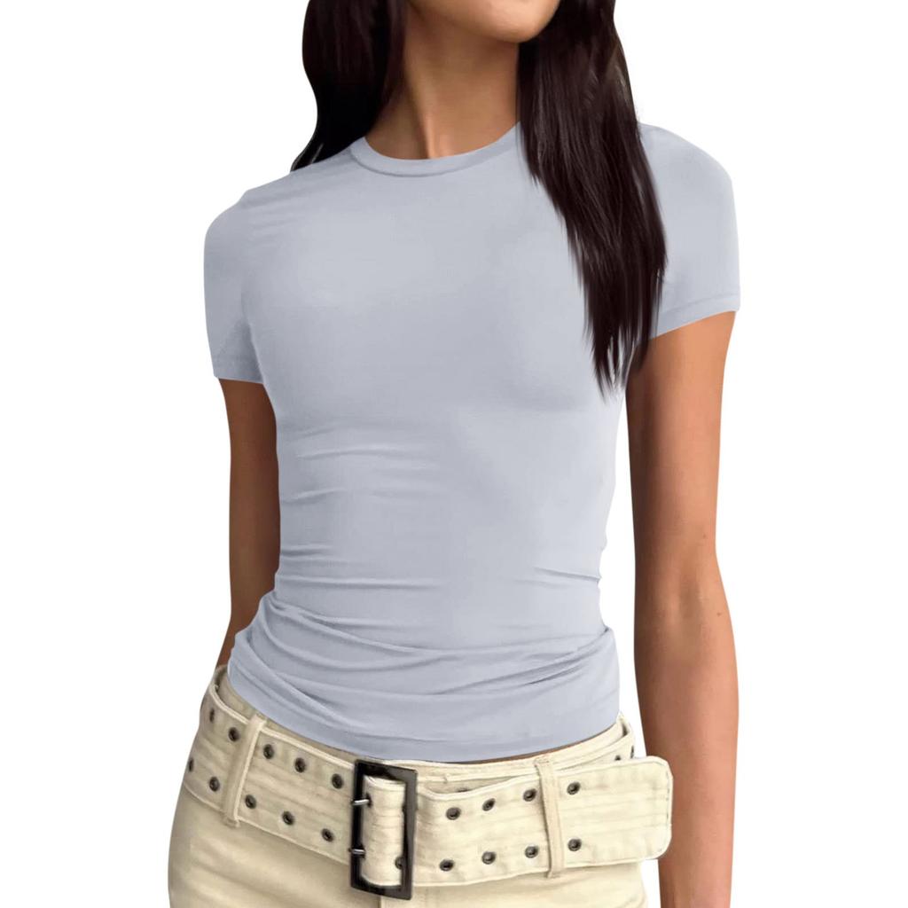 Women Short Sleeve Soild Sexy Cute Tee Slim Fit Tight Crop-Top T Shirt