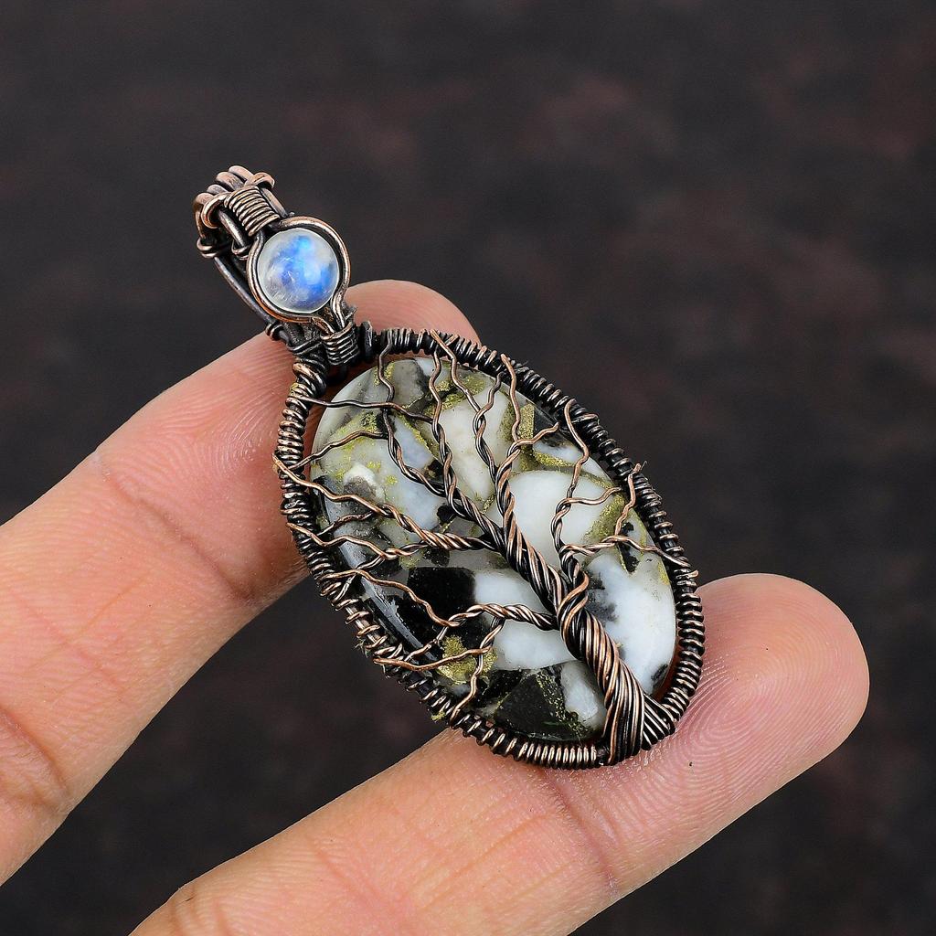 Подвеска из меди «Дерево жизни» с черно-белой бирюзой, подвеска из медной проволоки с драгоценным камнем, подвеска из радужного лунного камня, ювелирные изделия ручной работы из меди