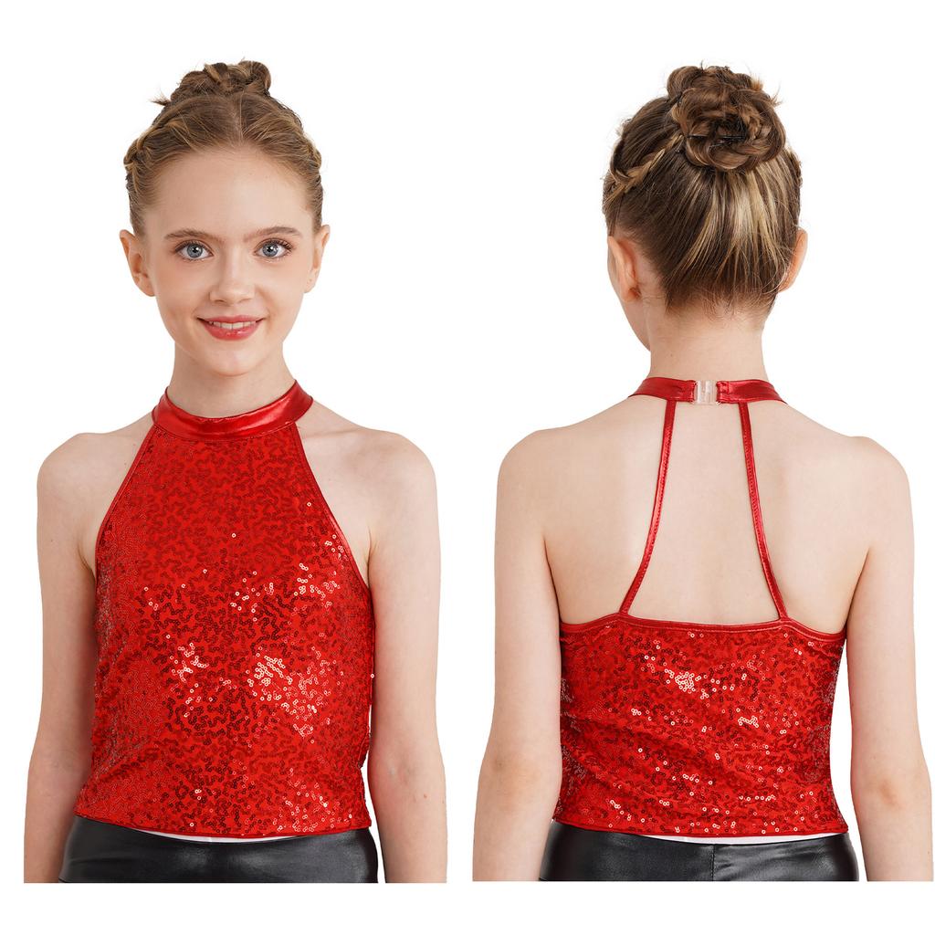 Kids Girls Sleeveless Backless Shiny Sequin Halter Crop Top for Dance Gymnastic Costume