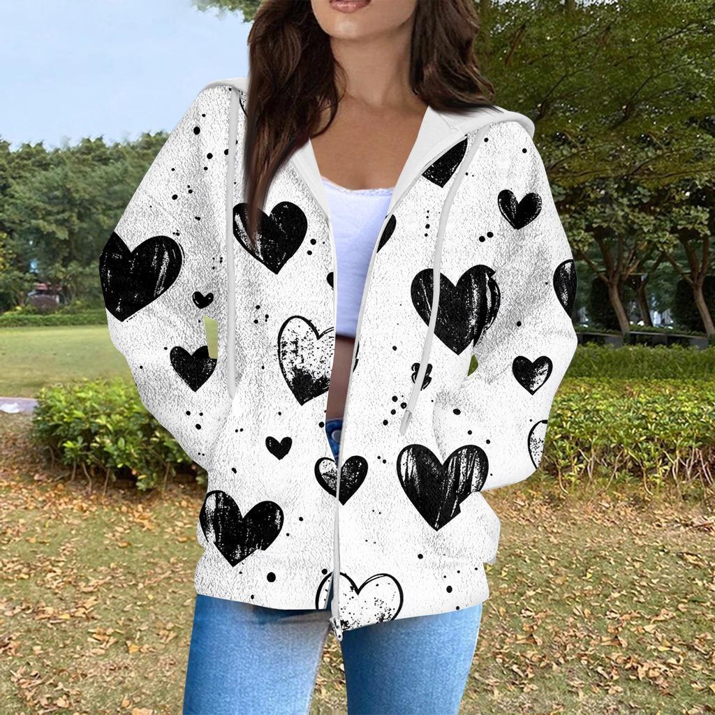 Women's Fashion Casual Long Sleeve Valentine's Day Print With Pocket Zipper Cardigan Jacket