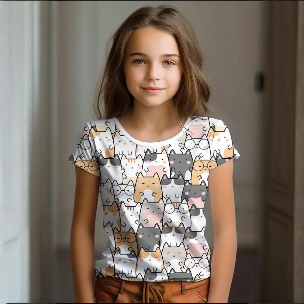 Девочка Одежда Лето Мультяшный Кот Графика Детская Одежда Рисование Короткий Рукав Круглый Вырез Топ
