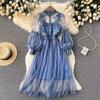 Women's Dress Three-dimensional Flowers Mesh Temperament Collar Lantern Sleeve High-waisted Dresses