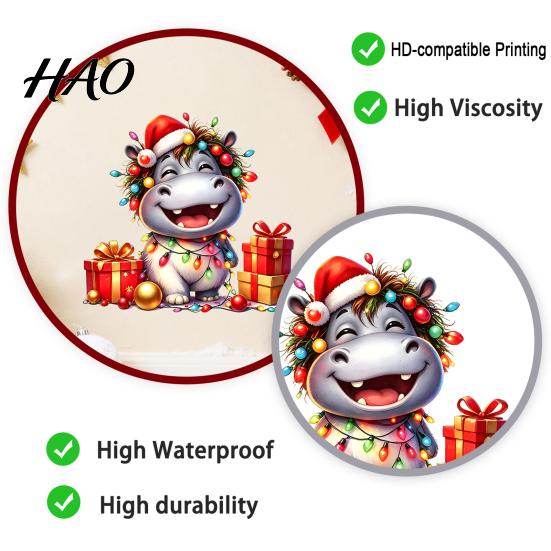 Self Adhesive Bathroom Glass Film Cartoon Hippo Christmas Wall Decal, Cute Sticker with Colorful Lights & Cheerful Animal Pattern Stickers Xmas Balls,