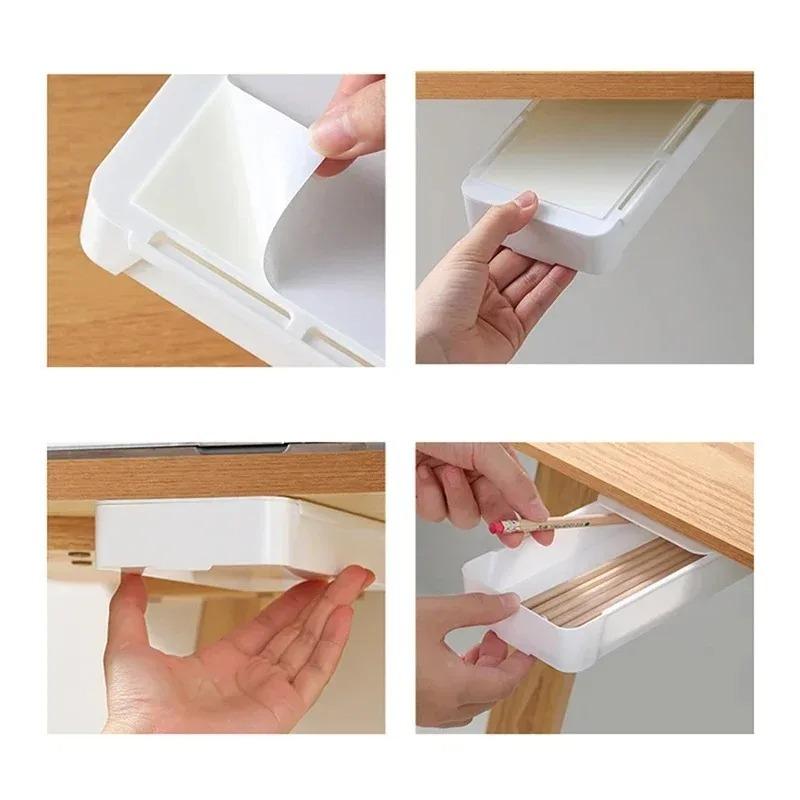 Under Desk Storage Box Invisible Self-Adhesive Type Tray Hidden Table Under Storage Drawers for Pencil Makeup Pen Stationery Box