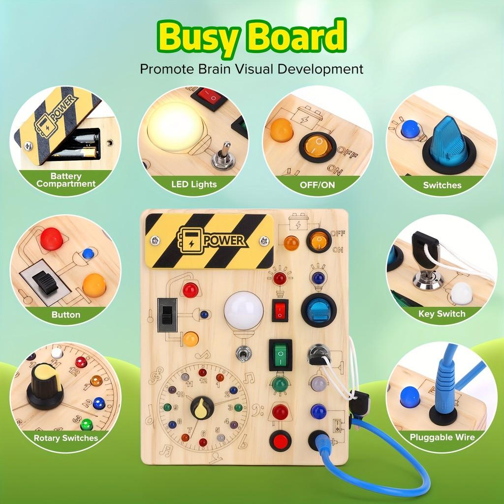 Board Busy Montessori Kids Activity Wooden Toy With Switches Led Sensory Light