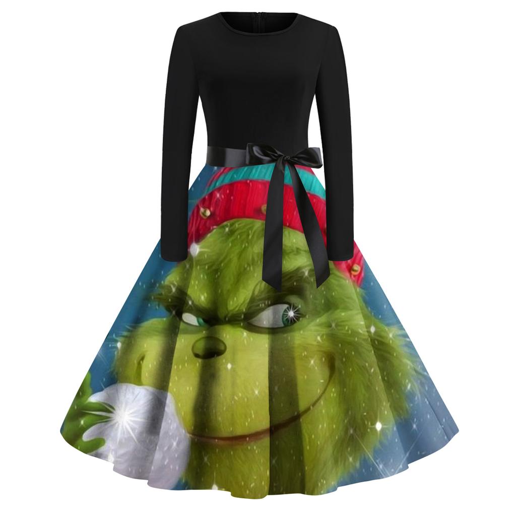 Женское рождественское расклешенное платье с принтом для женщин, платье с длинным рукавом, вечерние повседневные платья
