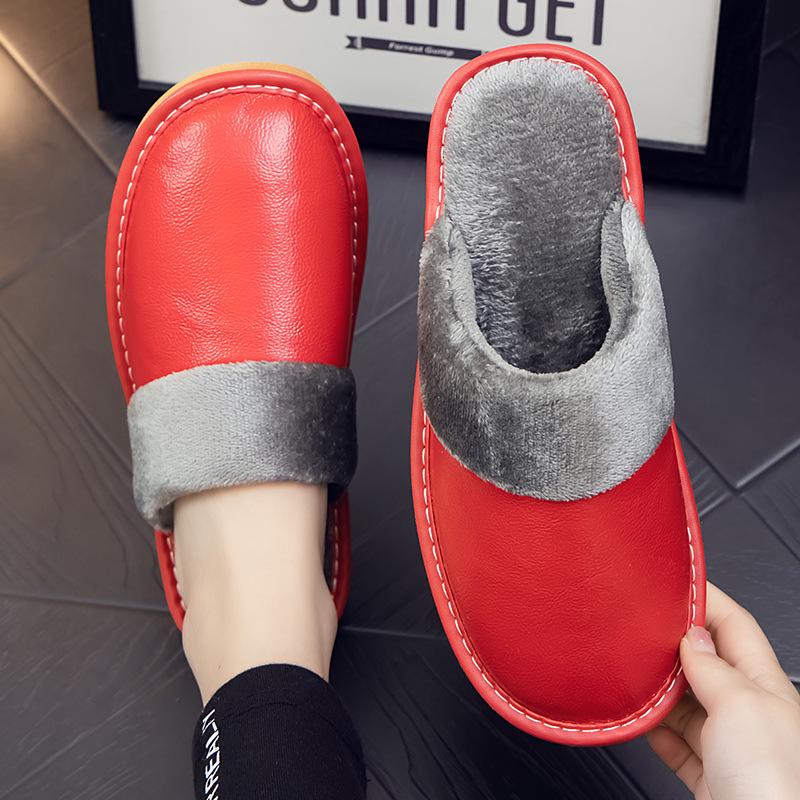 Женские тапочки 2024 года, новые зимние тапочки из искусственной кожи, теплые домашние тапочки, водонепроницаемая домашняя обувь, унисекс, теплые кожаные тапочки