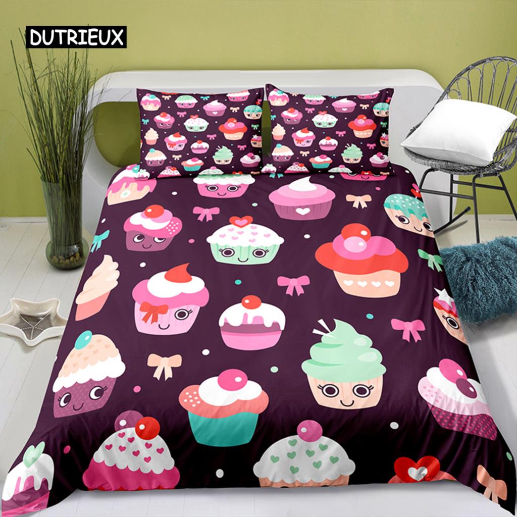 Милый мультяшный еда King Size Queen Size Пододеяльник Жемчужный молочный чай Набор постельного белья для сна Дети Подростки Взрослые Десерт Картофель фри Кола Долговечный Полиэстер