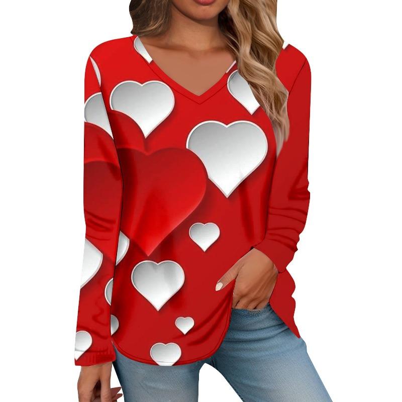 Весна Осень V-образный вырез с цифровым принтом повседневная свободная женская футболка с длинными рукавами пуловеры и длинные рукава (Женский)
