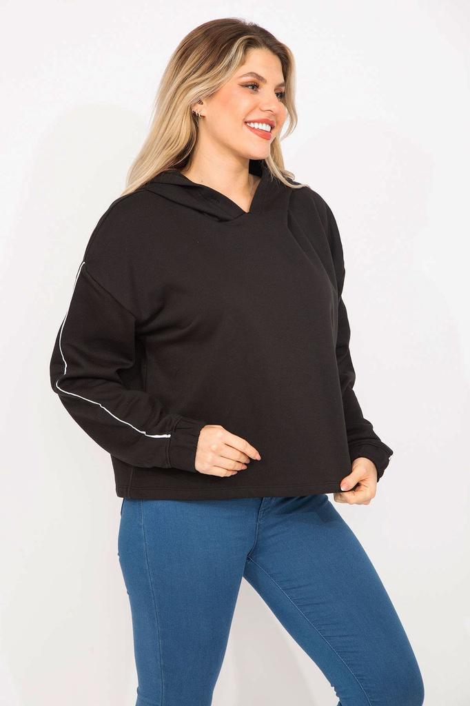 Women's Style Big Size Sweatshirt Large Size Black Sleeves Hooded Sweatshirt With Piping Detail