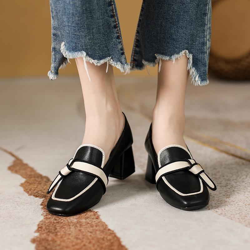 Корейская универсальная кожаная женская обувь для собеседования для девушек с квадратным носком для работы в стиле «маленький аромат» на толстом каблуке с увеличенной высотой туфли Мэри Джейн