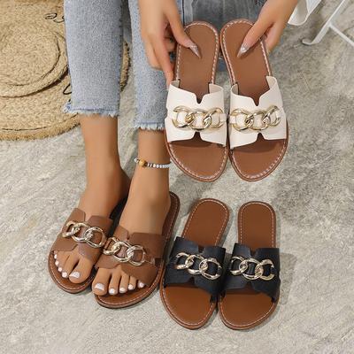 Женские шлепанцы большого размера, новые модные шлепанцы на плоской подошве с цепочкой, лето 2025, квадратный носок, повседневные крутые шлепанцы