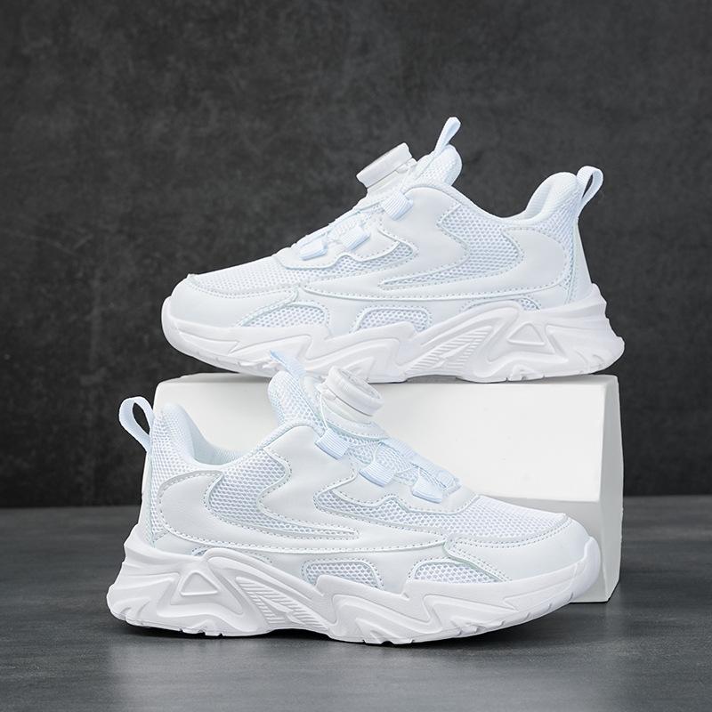 Girls shoes mesh breathable children's sports shoes leather waterproof school white shoes rotating button boys running shoes