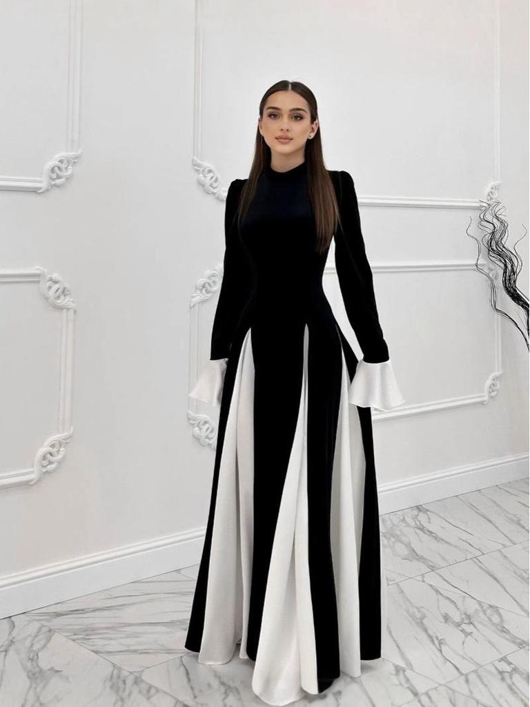 Осень/Зима 2024 Евро-американское черно-белое платье-свинг с длинным рукавом и оборками LX0105