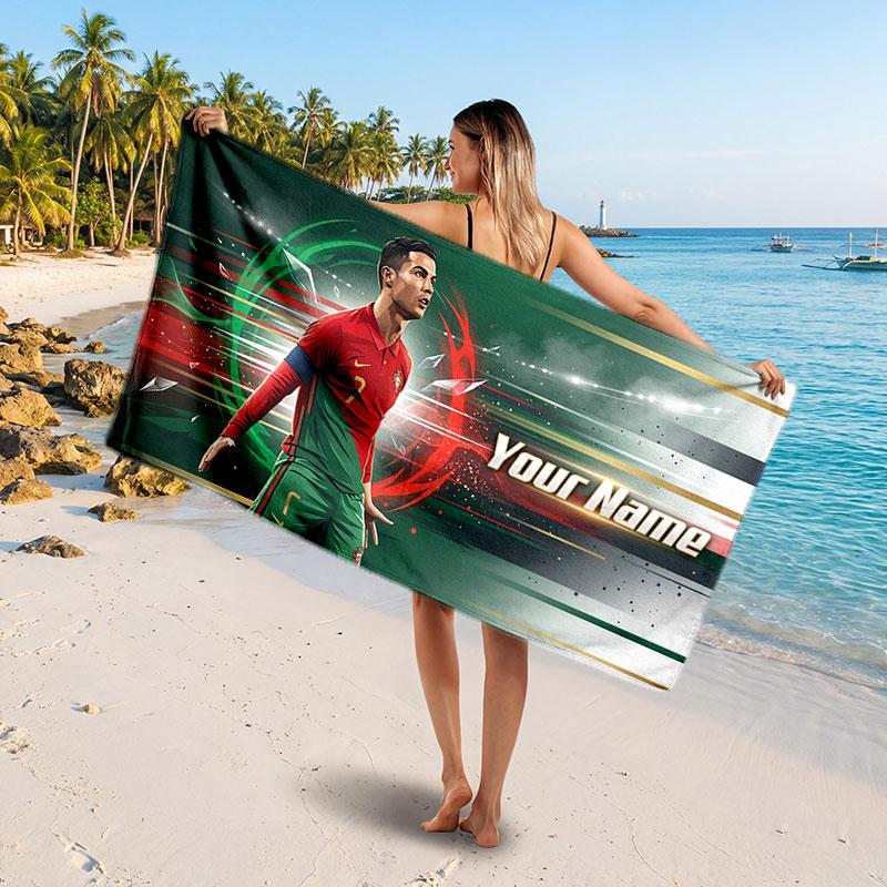 Cristiano Ronaldo Custom Beach Towel, Personalized Name Text Print, Football Logo Soft Quick‑Dry Towel Holiday Gift