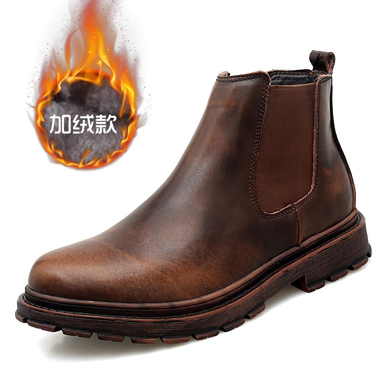 Men Warm Chelsea Boots Winter Men Boots Shoes New Fashion Leather Boots Comfortable Ankle Boots Short Plush Winter Warm Shoes