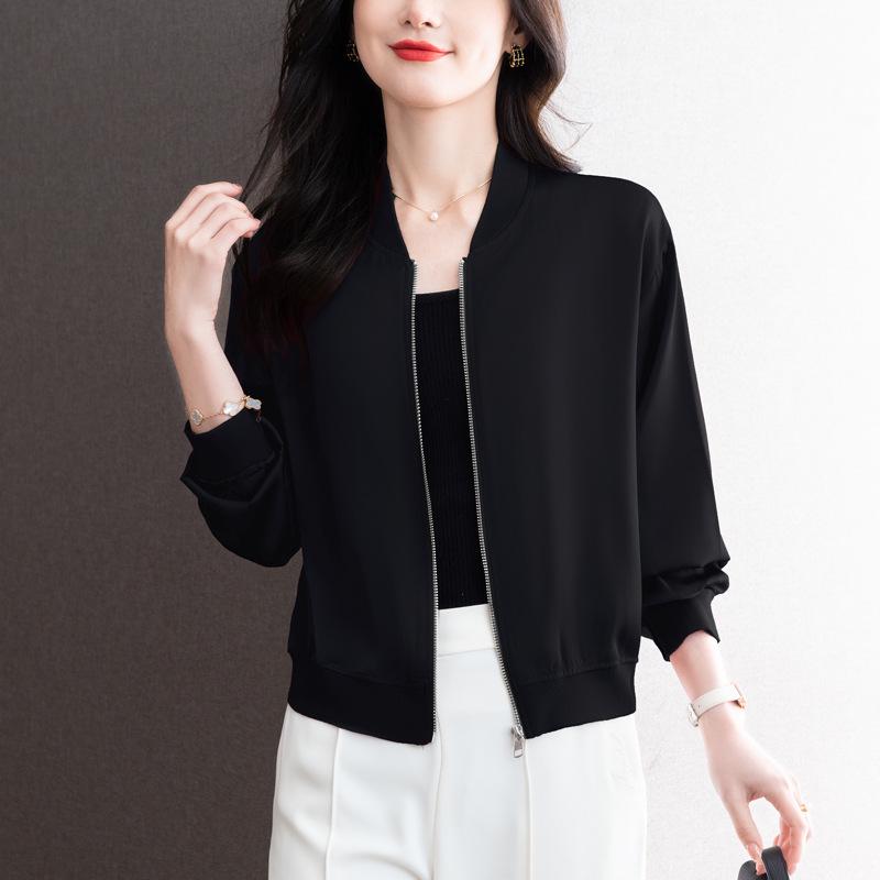 Весна 2024 Женская свободная бейсбольная куртка из ацетатного атласа - Повседневный короткий кардиган с длинными рукавами