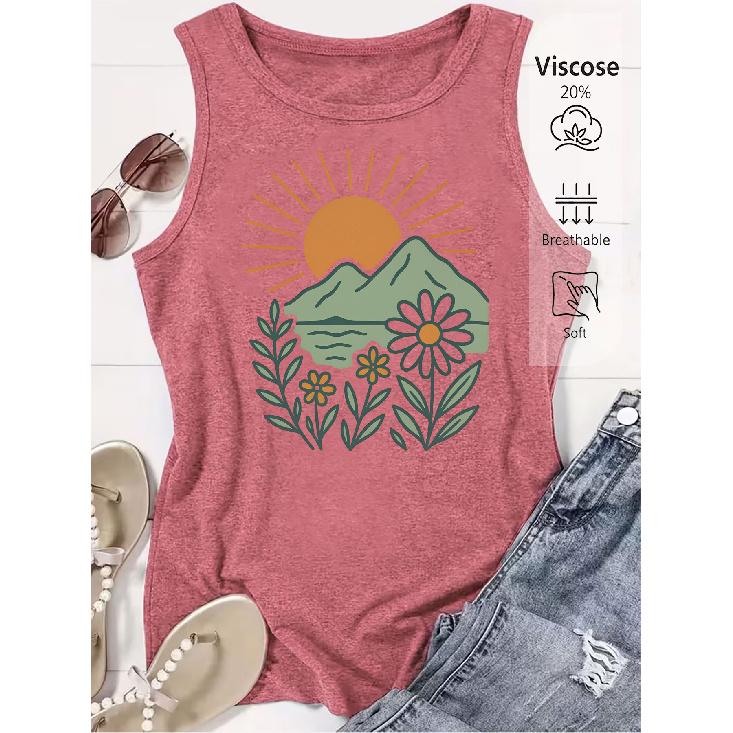 Elegant Vest for Women Landscape and floral sun print casual loose summer vest Fashionable and elegant tops for commuting, vacation, and everyday