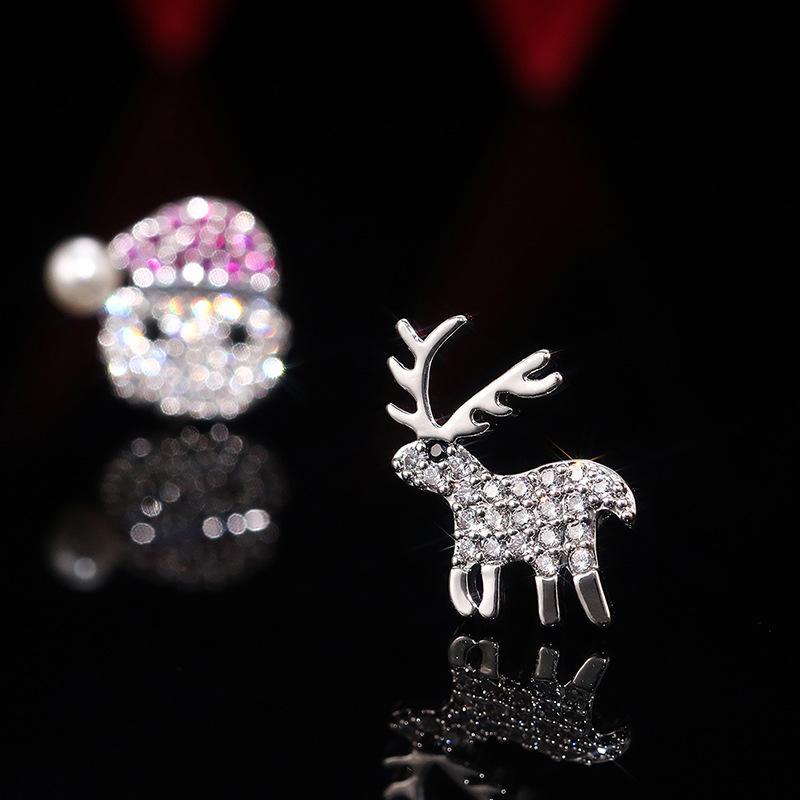 Рождественские серьги-подарки, Асимметричные серьги-пусеты с бриллиантами в виде Санта-Клауса и оленя Сика, с цирконом, Лидер продаж