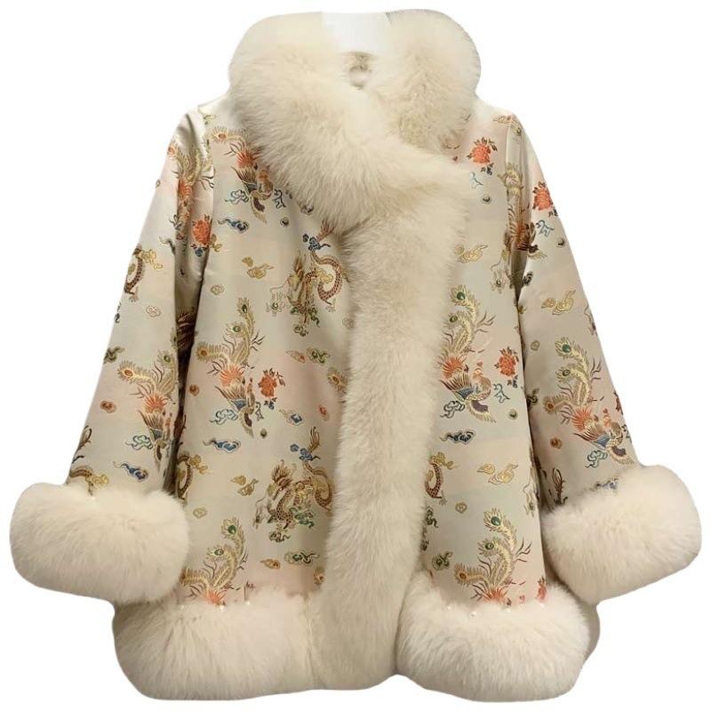 Куртка из искусственного меха лисы средней длины, женская, придворная, знаменитость, атласный костюм Тан, средней длины, с пухом и бусинами