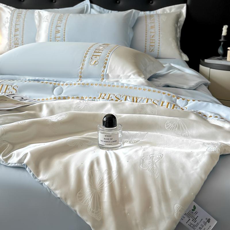Sleepy Grace Ice Silk Embroidered Splicing Jacquard Water Washed Tencel Summer Quilt Set of Four