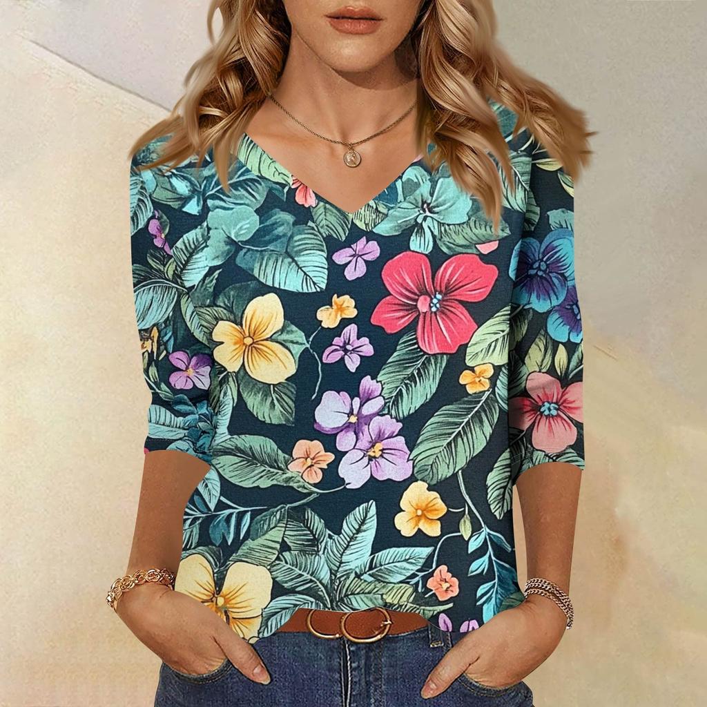 Женские топы, рубашка с рукавом три четверти, свободная повседневная рубашка с V-образным вырезом, футболка с цветочным принтом
